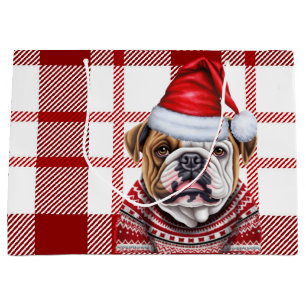 Red Plaid Bulldog Lover Holiday Large Gift Bag
