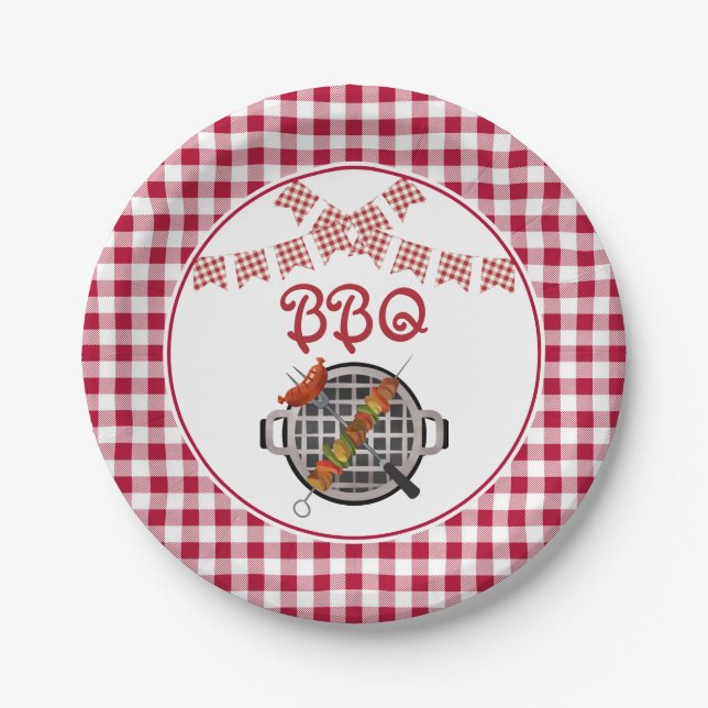 Red Plaid Bunting Banner BBQ Party Paper Plates (Front)