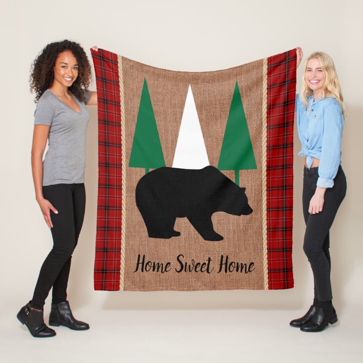 Red Plaid, Burlap With Black Grizzly Bear Fleece Blanket | Zazzle