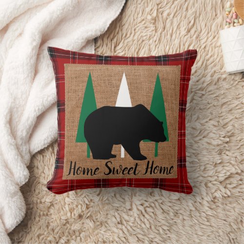 Red Plaid Burlap with Black Grizzly Bear Throw Pillow