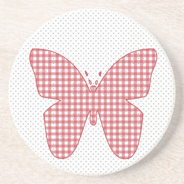 Red Plaid Butterfly on Polka Dot Coaster (Front)
