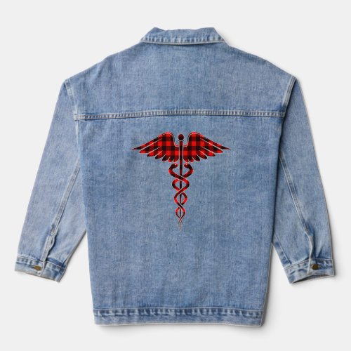 Red Plaid Caduceus Medical Symbol Buffalo Matching Denim Jacket