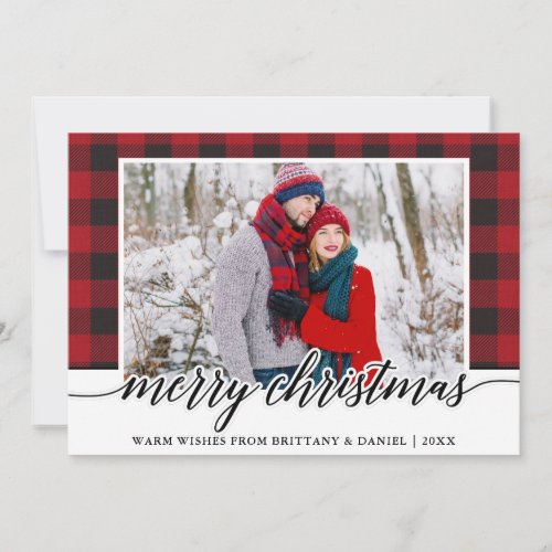 Red Plaid Calligraphy Couple Merry Christmas Holiday Card