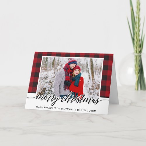 Red Plaid Calligraphy Couple Merry Christmas Holiday Card