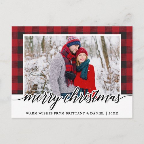 Red Plaid Calligraphy Couple Merry Christmas Postcard