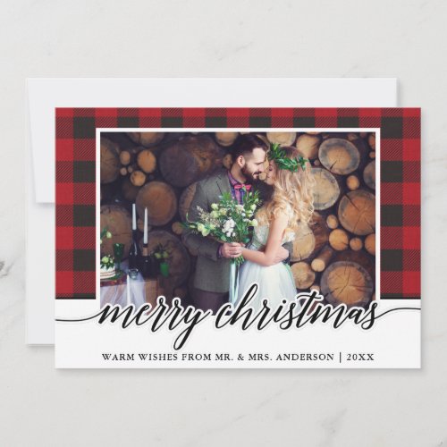 Red Plaid Calligraphy Wedding Merry Christmas Holiday Card