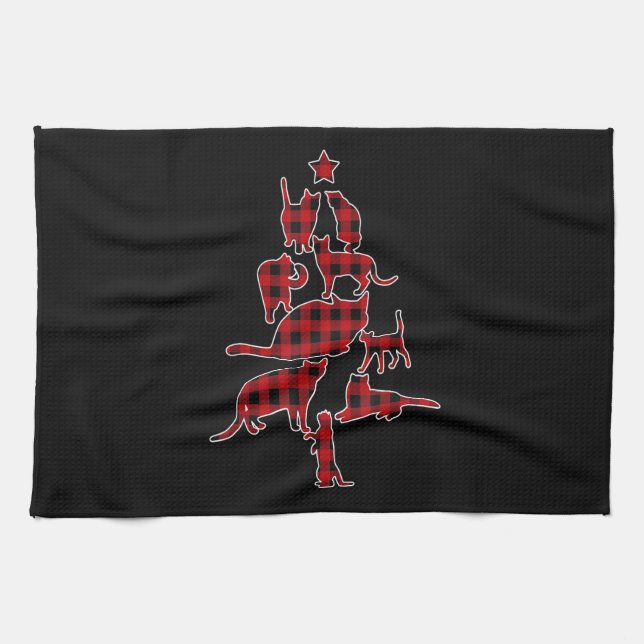 Red Plaid Cat Christmas Tree Pajamas Family Cat Xm Kitchen Towel (Horizontal)