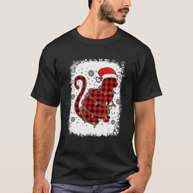 Red Plaid Cat Santa Hat Christmas Pajamas Family X T-Shirt (Front)