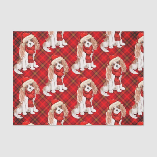 Red Plaid Cavalier King Charles Dog Christmas Tissue Paper (Front)