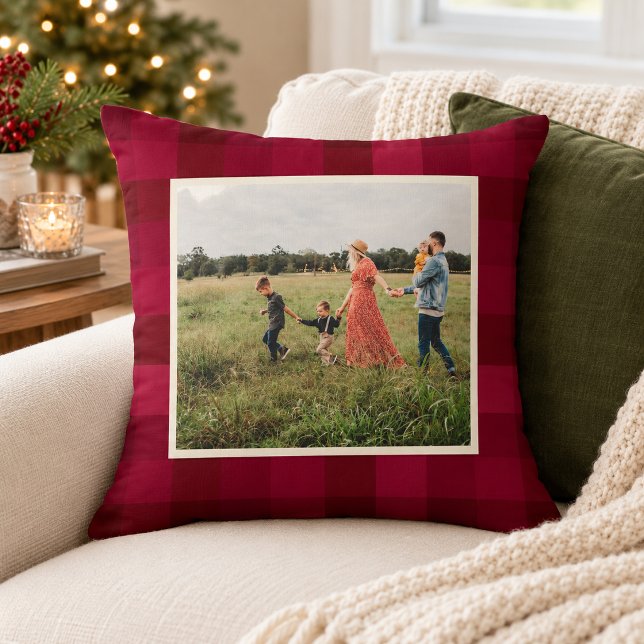 Red Plaid Check Pattern Rustic Custom Photo Throw Pillow (Creator Uploaded)