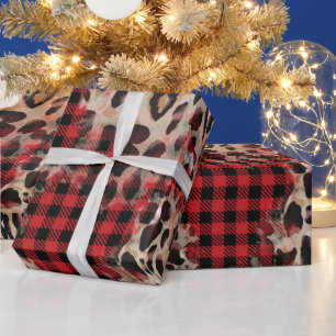 Red Plaid Cheetah Funky Christmas Wrapping Paper
