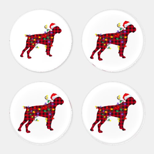 Red Plaid Christmas Boxer Dog Santa Hat Gift Coaster Set