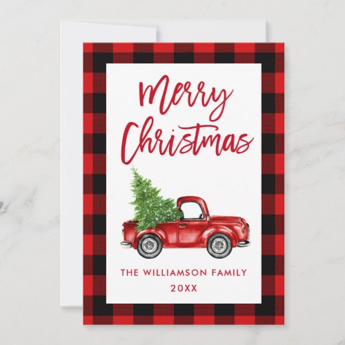 Red Plaid Christmas Brush Script Vintage Truck Holiday Card