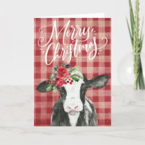 Red Plaid Christmas Cow Holiday Card