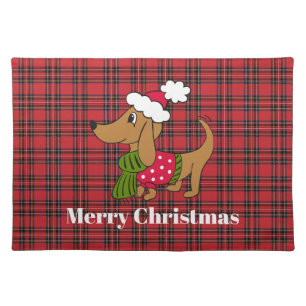 Red Plaid Christmas Dachshund Cloth Placemat