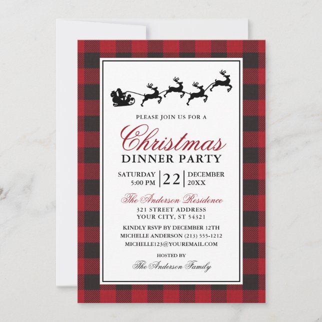 Red Plaid Christmas Dinner Party Reindeer Invitation (Front)