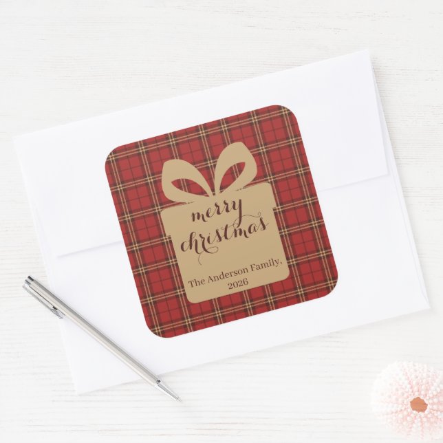 Red Plaid Christmas Festive Pattern -  Square Sticker (Envelope)