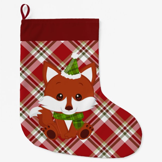 Red Plaid Christmas Fox Stocking (Front)