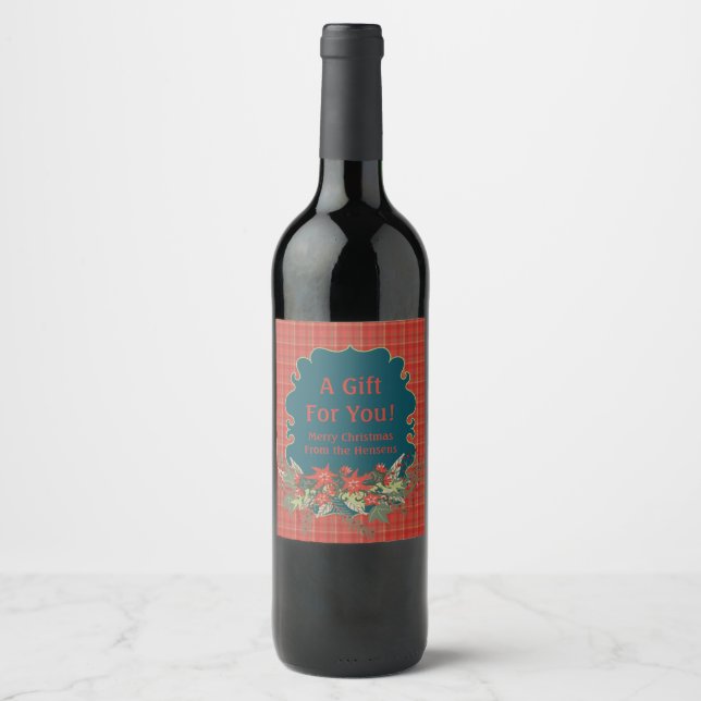 Red Plaid Christmas Gift Wine Labels (Front)