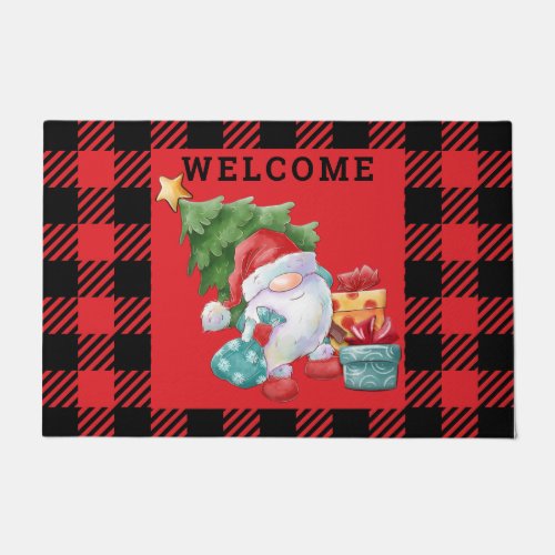 Red Plaid Christmas Gnome Doormat