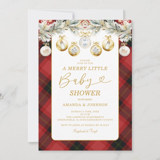 Red Plaid Christmas Gold Ornaments Baby Shower Invitation (Front)