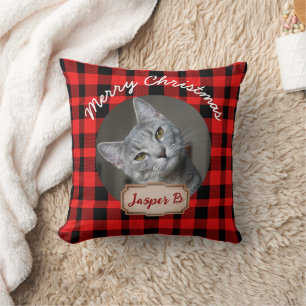 Red Plaid christmas holiday For Pets cat Photo Throw Pillow