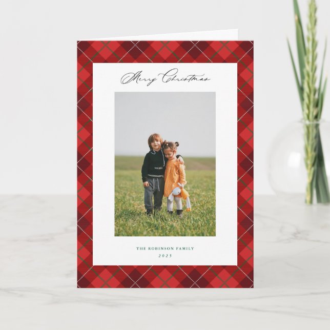 Red Plaid Christmas Holiday Photo Folded Card (Front)