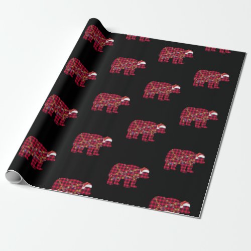 Red Plaid Christmas Lights Bear Santa Hat Wrapping Paper