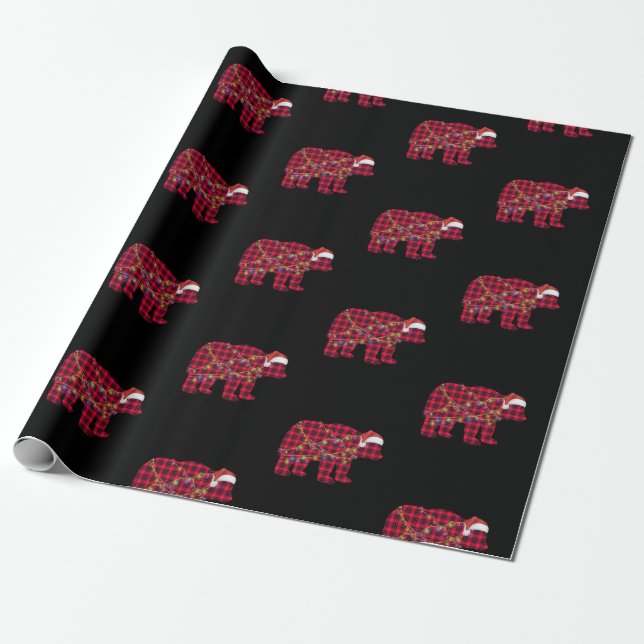 Red Plaid Christmas Lights Bear Santa Hat Wrapping Paper (Unrolled)