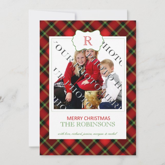 Red Plaid Christmas Monogram Photo Card (Front)