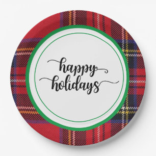 Red Plaid Christmas Paper Plates - Party Supply