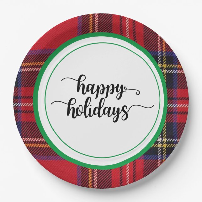 Red Plaid Christmas Paper Plates - Party Supply (Front)