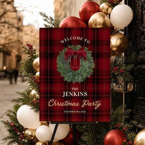 Red Plaid Christmas Party Welcome Sign
