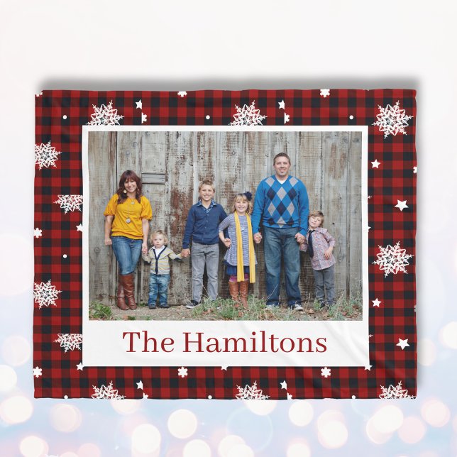 Red Plaid Christmas Pattern Custom Family Photo Fleece Blanket (Red Christmas Pattern Personalized Family Photo Fleece Blanket
)