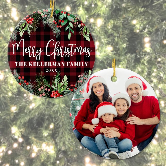 Red Plaid Christmas Photo Ceramic Ornament (Greenery Red Plaid Merry Christmas Photo Ceramic Ornament)