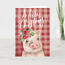 Red Plaid Christmas Pig Holiday Card