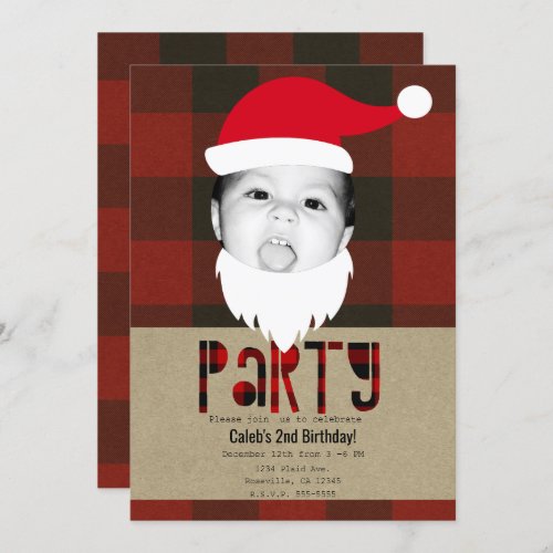 Red Plaid Christmas Santa Face Photo Holiday Party Invitation