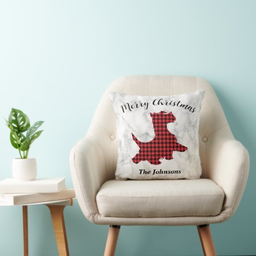 Red Plaid Christmas Scottie Dog Throw Pillow