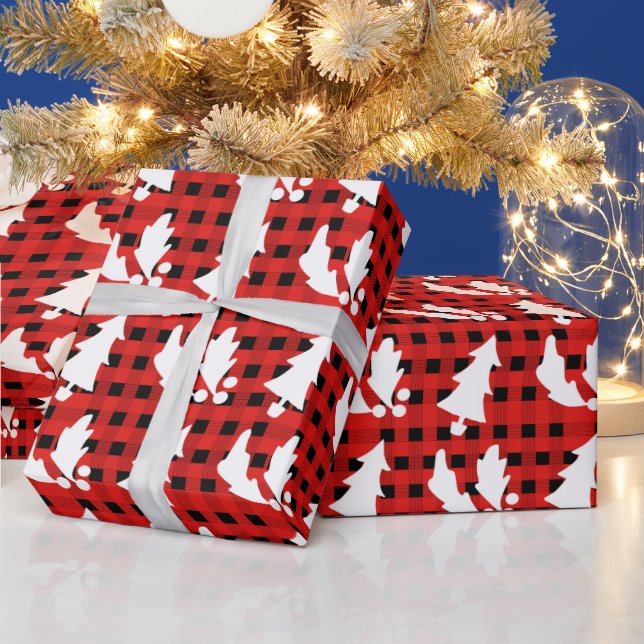 Red Plaid Christmas Tree Holly Leaves Yule Wrapping Paper (Holidays)