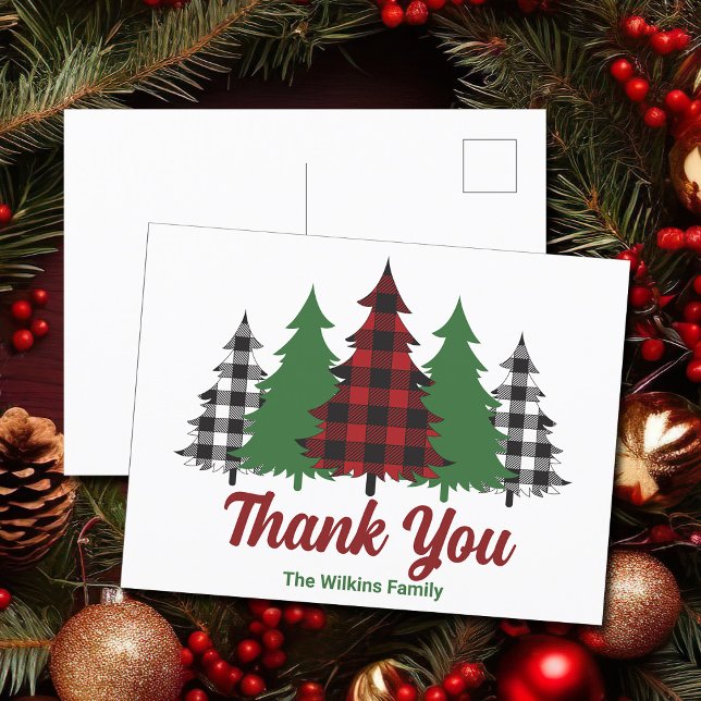 Red Plaid Christmas Trees Personalized Thank You Postcard (Creator Uploaded)