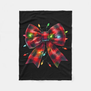 Red Plaid Coquette Bow Christmas Lights Xmas Pajam Fleece Blanket