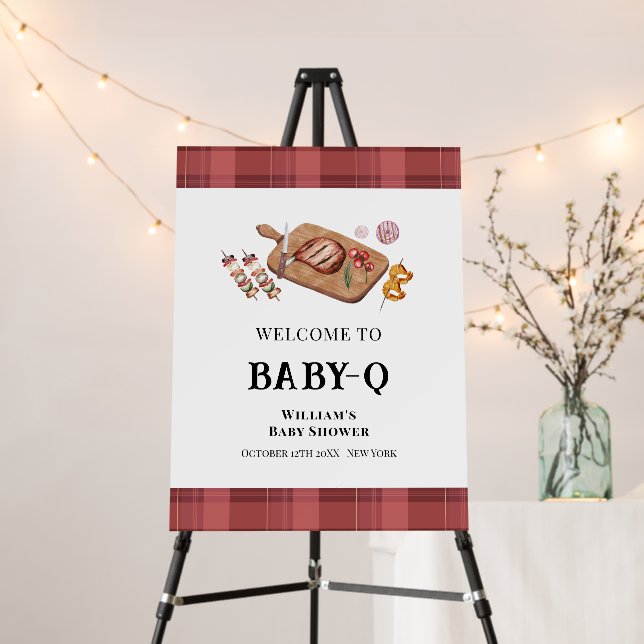 Red Plaid Country Baby Q Baby Shower Welcome Sign (In Situ (Stand))