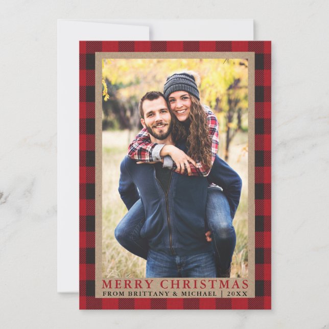 Red Plaid Couple Photo Merry Christmas Kraft Holiday Card (Front)