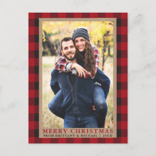 Red Plaid Couple Photo Merry Christmas Kraft Postcard