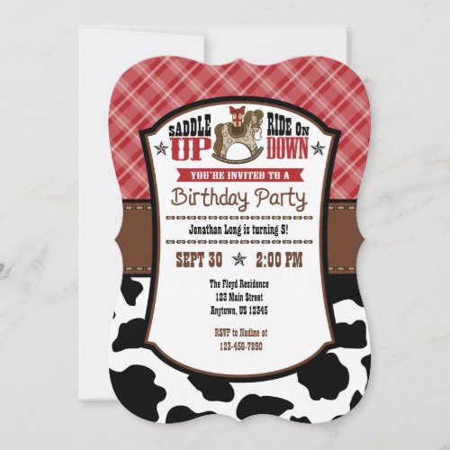 Red Plaid Cowhide Cowboy Birthday Invite
