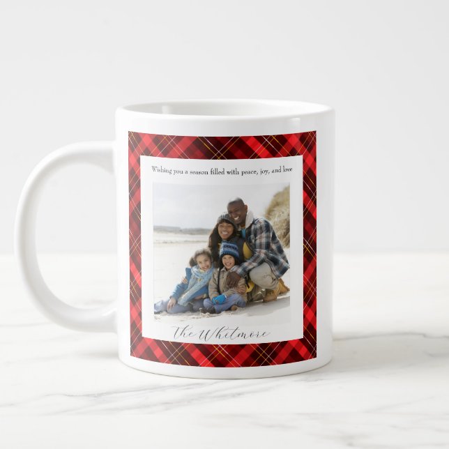  Red Plaid Cozy Christmas Rustic Monogram 2 Photo Giant Coffee Mug (Left)