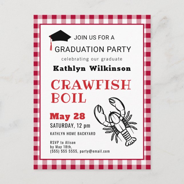 Red Plaid Crawfish Boil GRAD Party Invitation Postcard (Front)