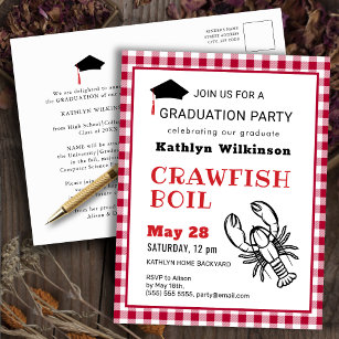Red Plaid Crawfish Boil GRAD Party Invitation Postcard