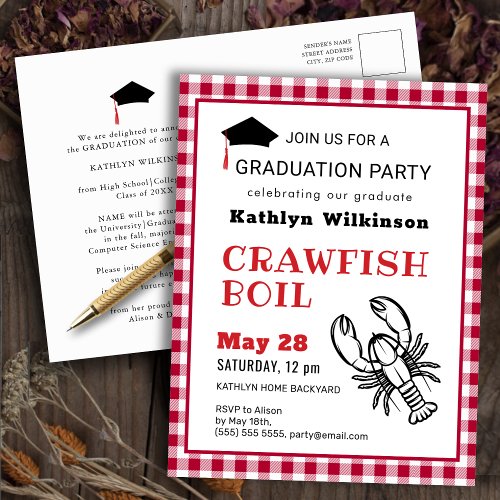 Red Plaid Crawfish Boil GRAD Party Invitation Postcard