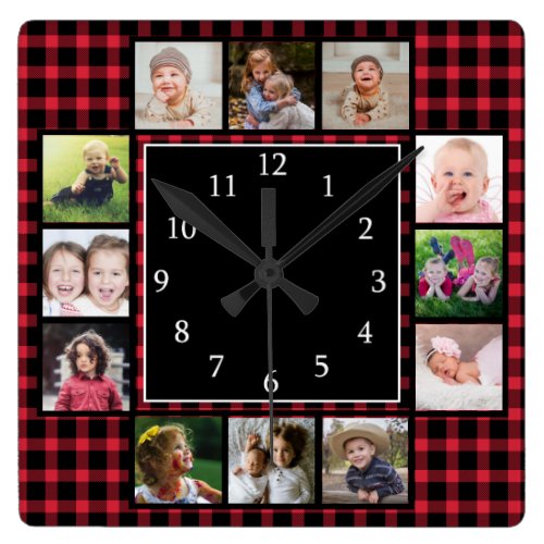 Red Plaid Create Your Own 12 Photo Collage Square Wall Clock